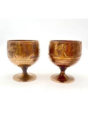 Set Of 2 Vintage Mini Brass Goblets Etched Floral Design Ornate Chalice 2" Tall